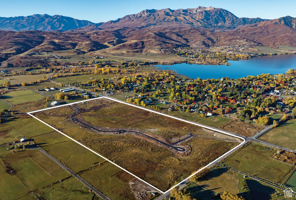 Bird\'s eye view featuring a water and mountain view