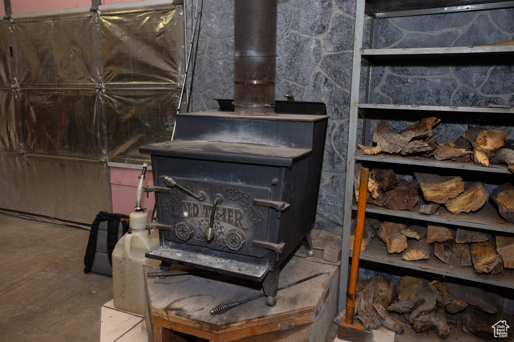 Interior details featuring a wood stove