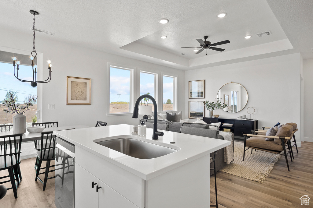 Kitchen with sink, a raised ceiling, and light wood-type flooring