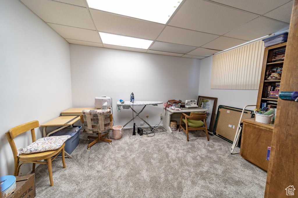 Carpeted office space with a paneled ceiling