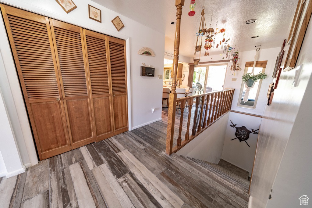 Interior space featuring dark wood-type flooring and a textured ceiling