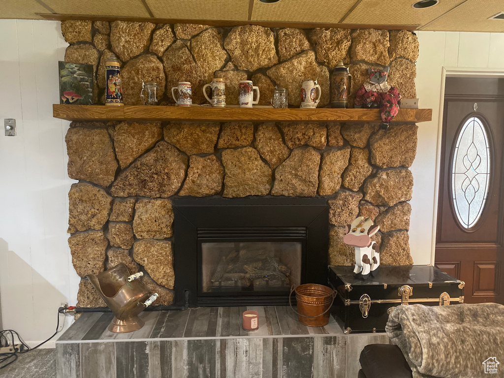 Details with a stone fireplace