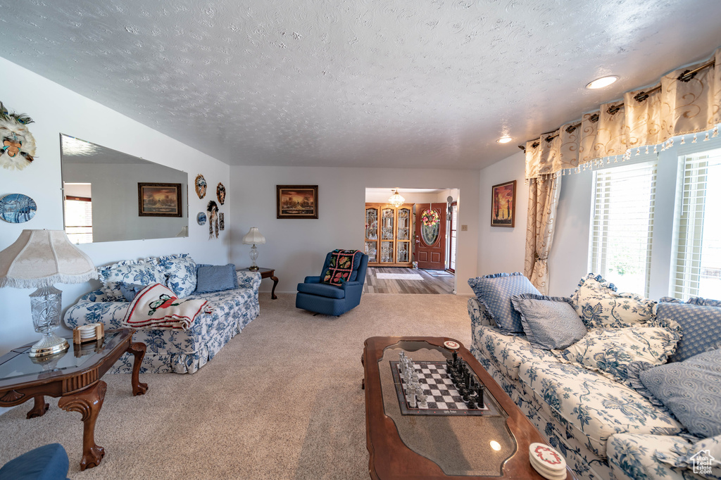 Carpeted living room featuring a textured ceiling