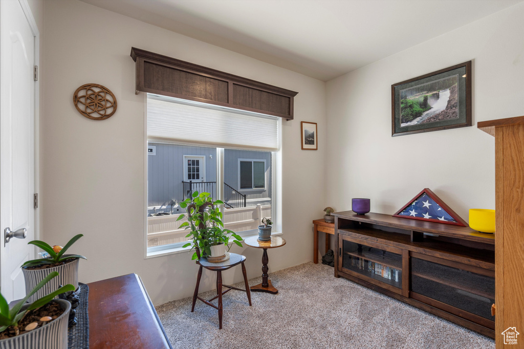 Sitting room with light colored carpet