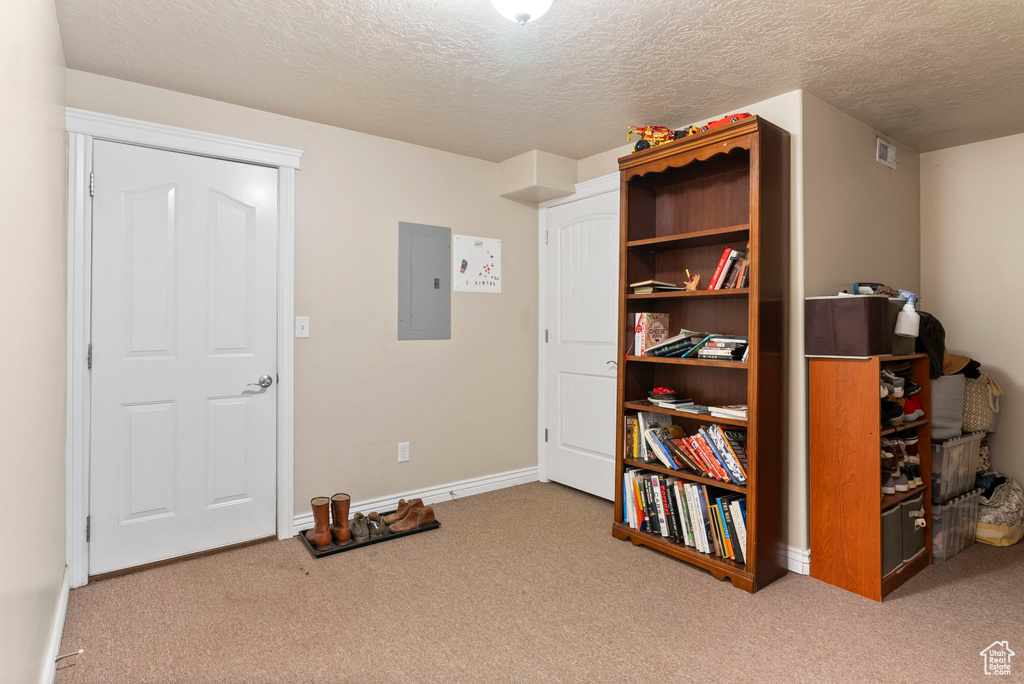 Misc room with a textured ceiling and carpet