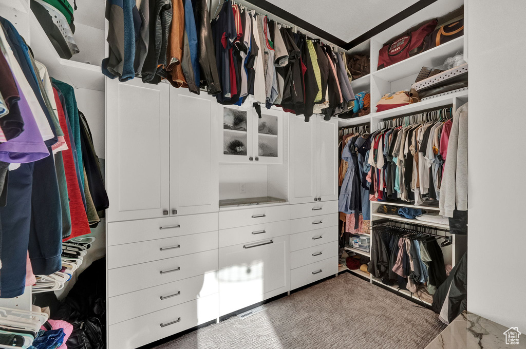 Walk in closet with carpet flooring