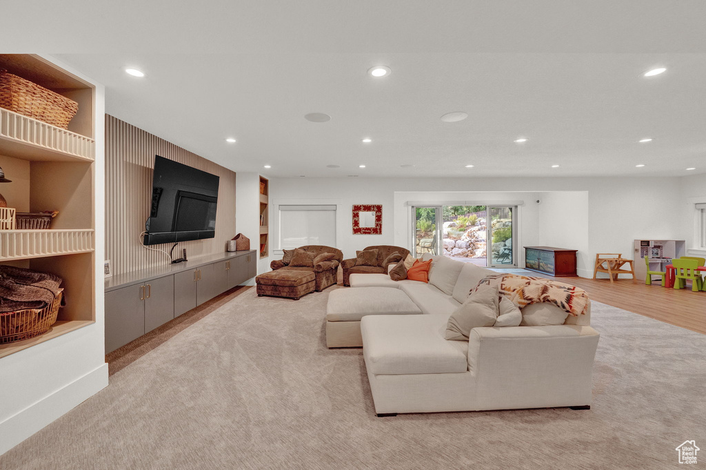 Living room with light colored carpet