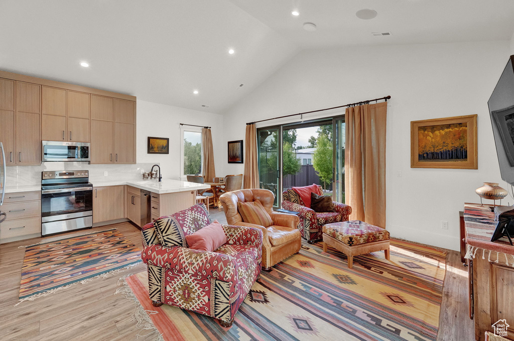 Living room featuring high vaulted ceiling, sink, and light wood-type flooring