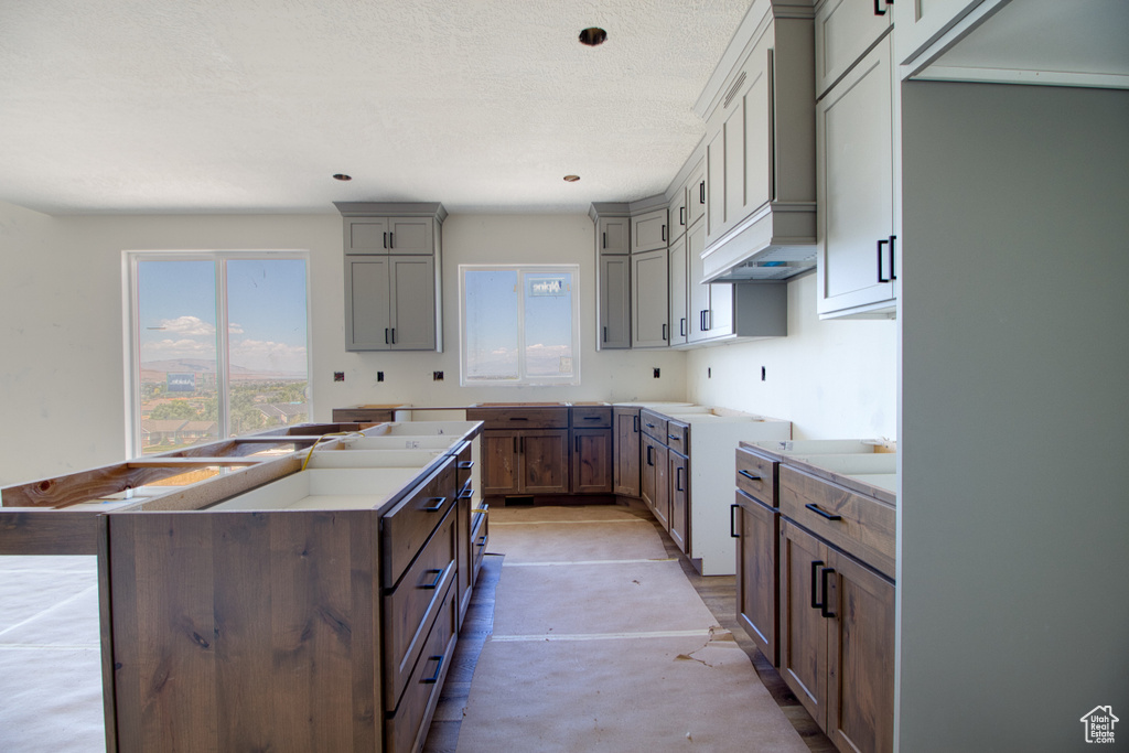 Kitchen with a kitchen island, gray cabinetry, and custom range hood