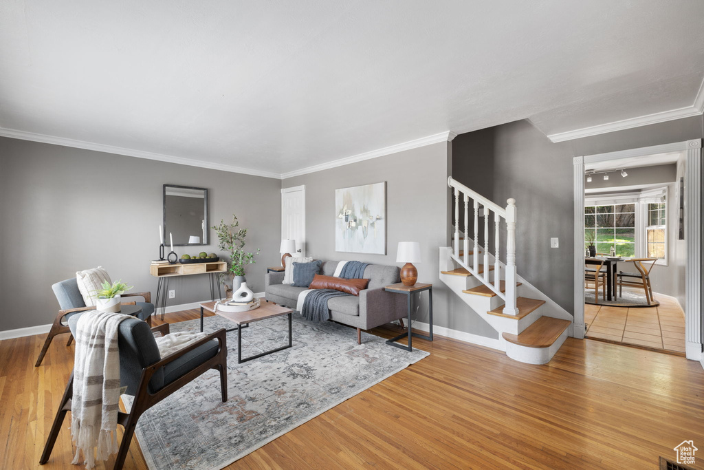 Living room with ornamental molding and light tile floors