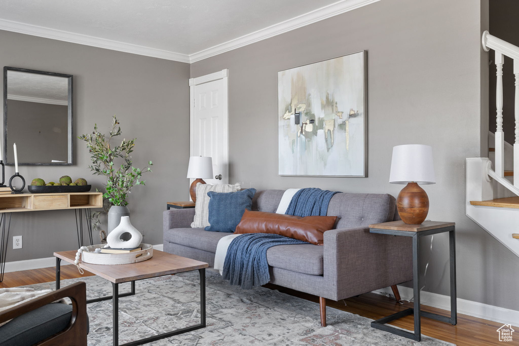 Living room with hardwood / wood-style flooring and ornamental molding