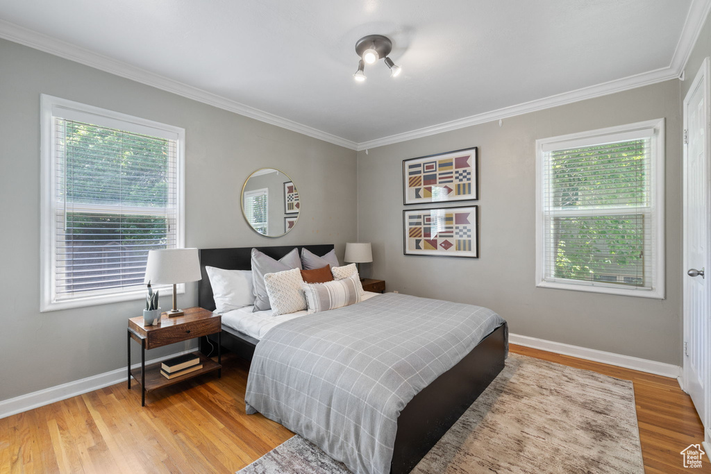 Bedroom with multiple windows, crown molding, and light wood-type flooring