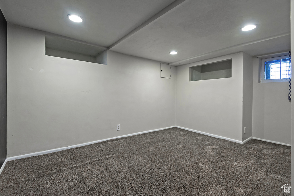 Basement with dark carpet