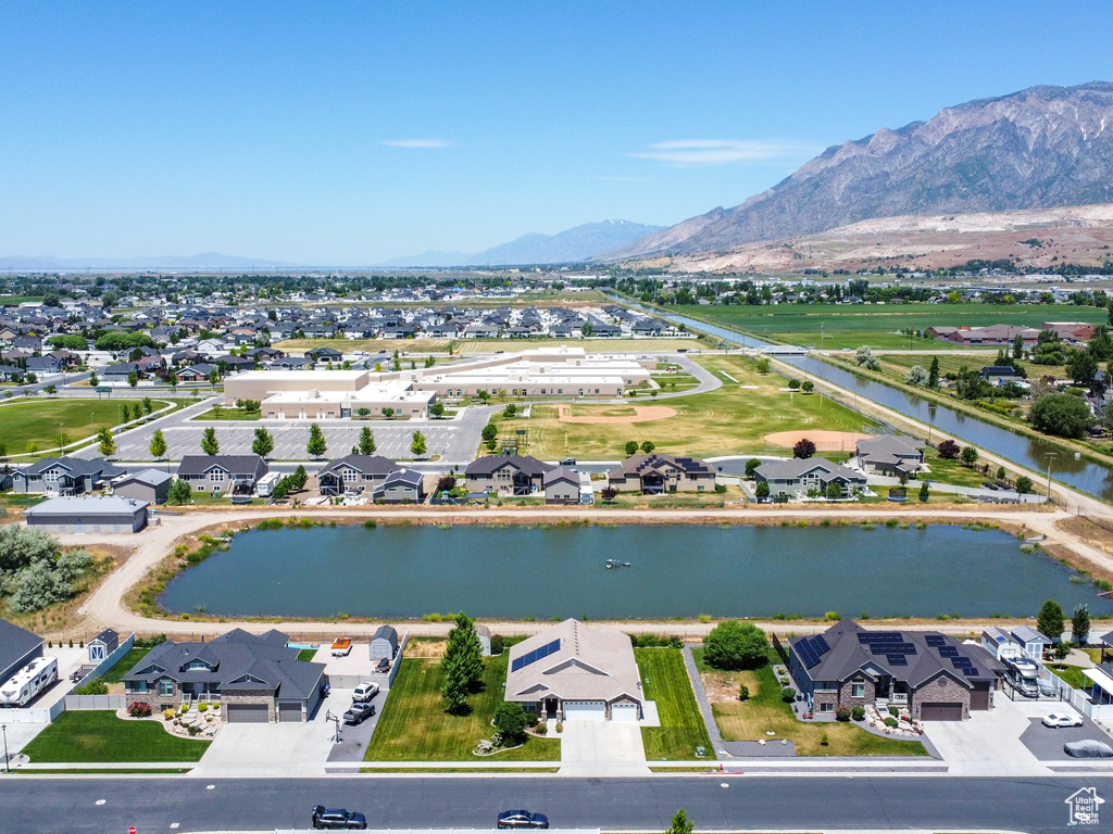 Aerial view with a water and mountain view