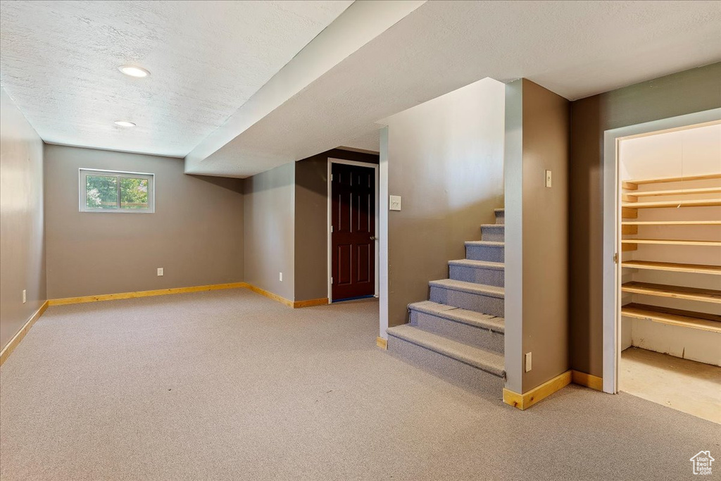 Basement featuring a textured ceiling and carpet floors