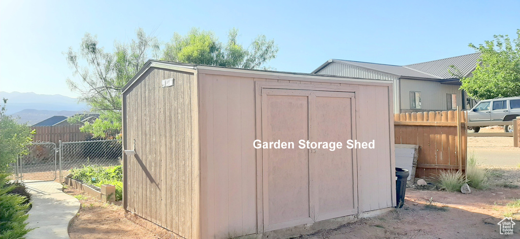 View of shed / structure featuring a mountain view