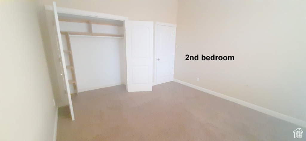 Unfurnished bedroom featuring carpet and a closet