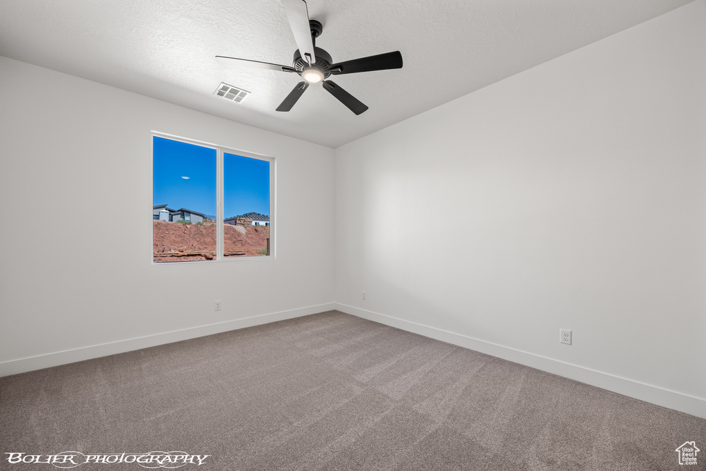 Carpeted spare room with ceiling fan