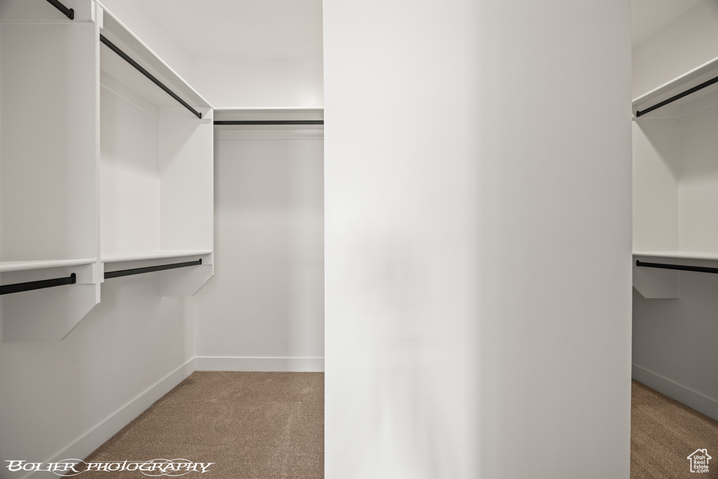 Walk in closet with light carpet