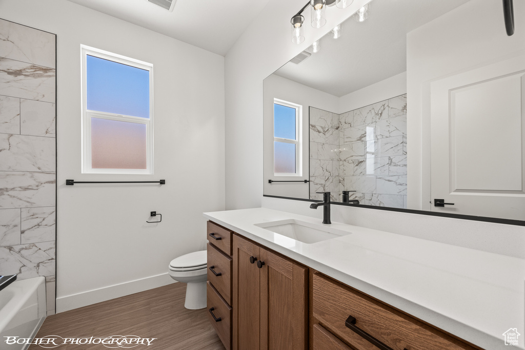 Bathroom featuring vanity, hardwood / wood-style floors, toilet, and a wealth of natural light