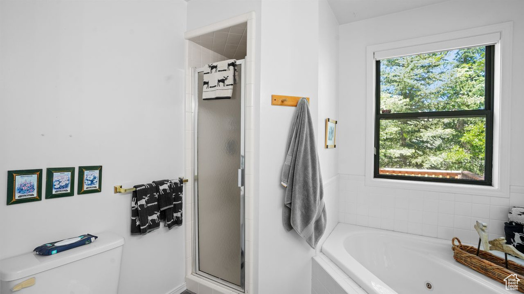 Bathroom featuring plenty of natural light, separate shower and tub, and toilet