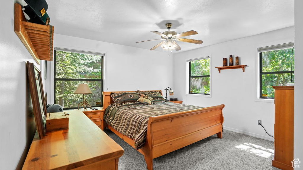 Carpeted bedroom with multiple windows and ceiling fan