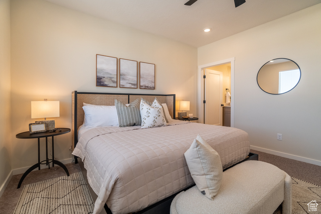 Bedroom featuring carpet flooring and ceiling fan