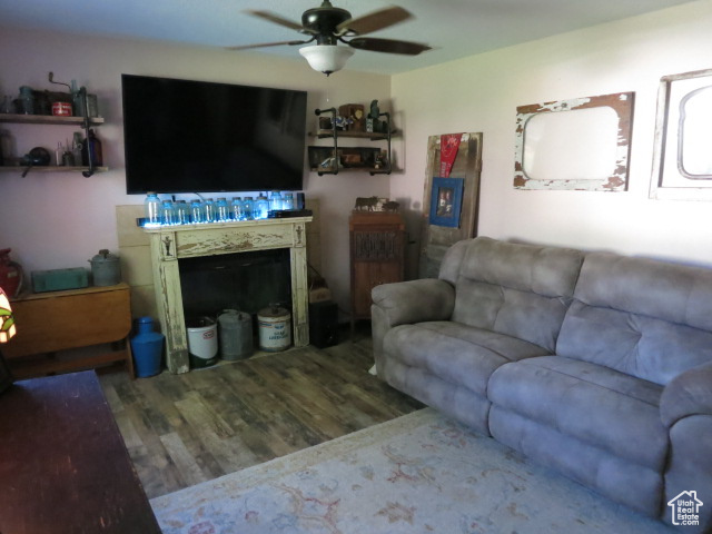 Living room with wood-type flooring and ceiling fan