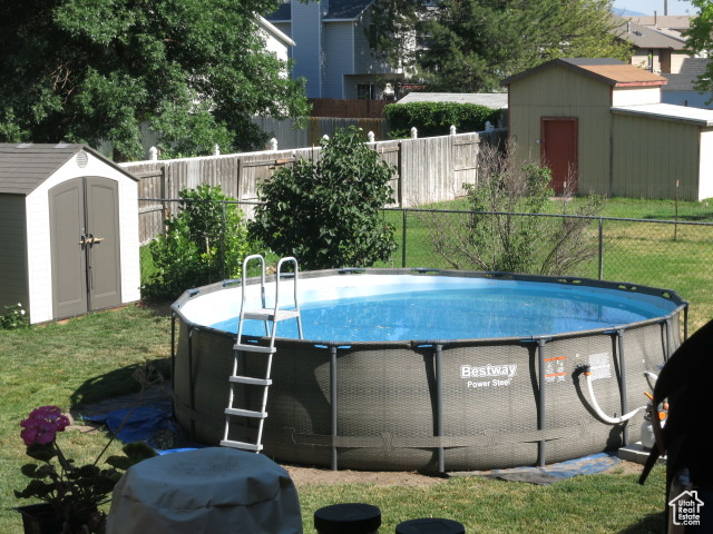 View of swimming pool featuring a shed and a lawn