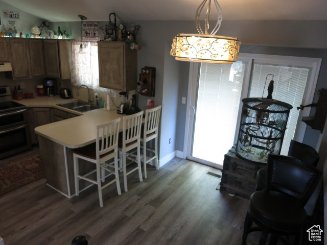 Kitchen with lofted ceiling, dark hardwood / wood-style floors, electric range, a healthy amount of sunlight, and sink