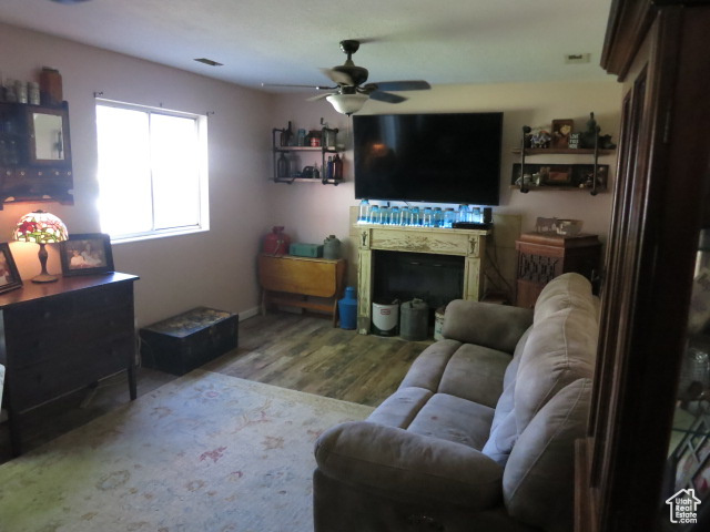 Living room with wood-type flooring and ceiling fan