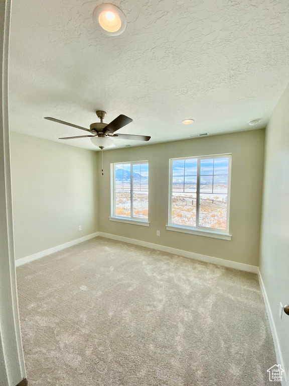 Empty room with carpet, ceiling fan, and a textured ceiling