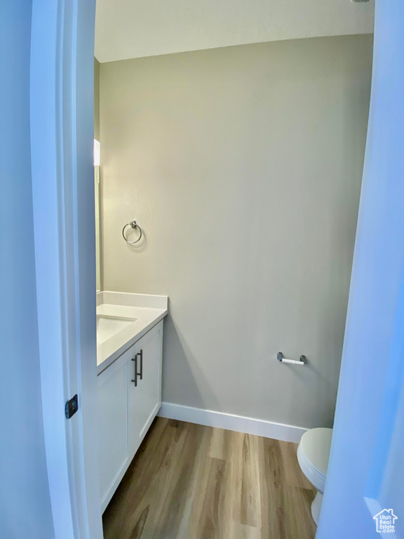 Bathroom with vanity, toilet, and hardwood / wood-style floors