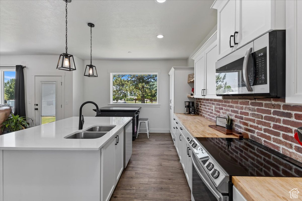 Kitchen with dark wood-type flooring, appliances with stainless steel finishes, sink, and plenty of natural light