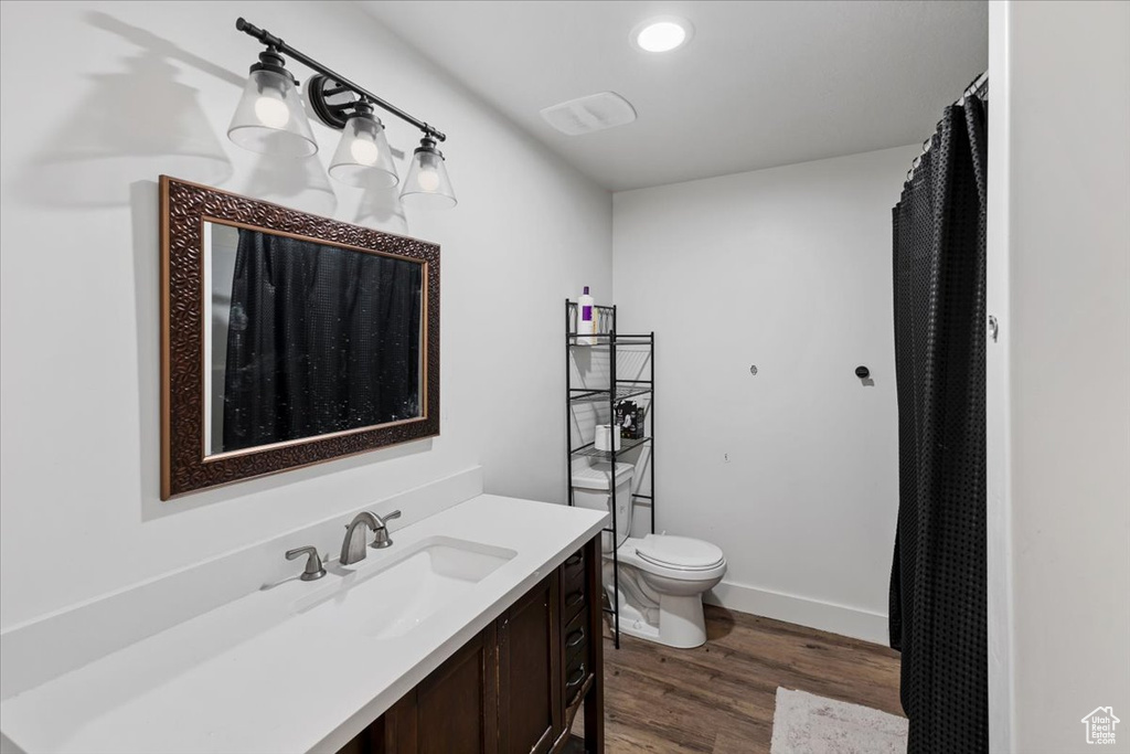 Bathroom featuring wood-type flooring, vanity, and toilet