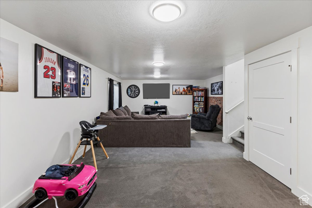 Carpeted living room with a textured ceiling