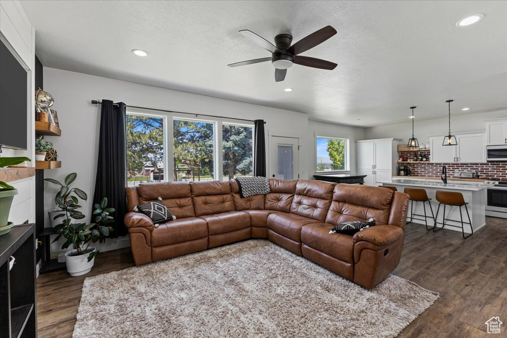 Living room with sink, ceiling fan, and dark hardwood / wood-style flooring