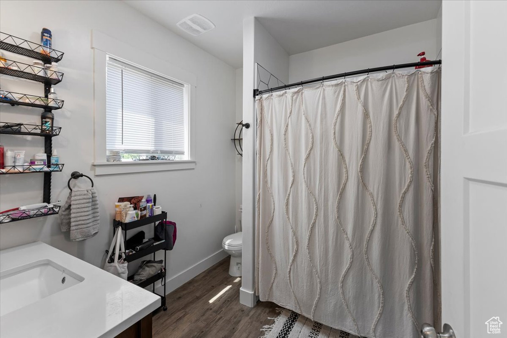 Bathroom with toilet, hardwood / wood-style flooring, and vanity