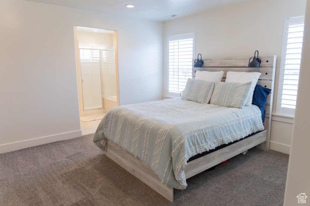 Bedroom featuring carpet flooring and ensuite bathroom