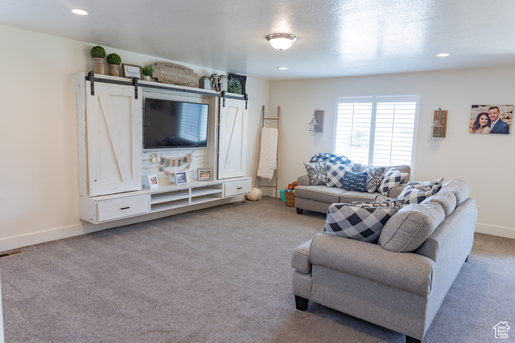 Living room with a barn door and carpet floors