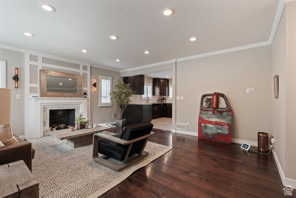 Living room featuring a textured ceiling, ornamental molding, and dark hardwood / wood-style flooring