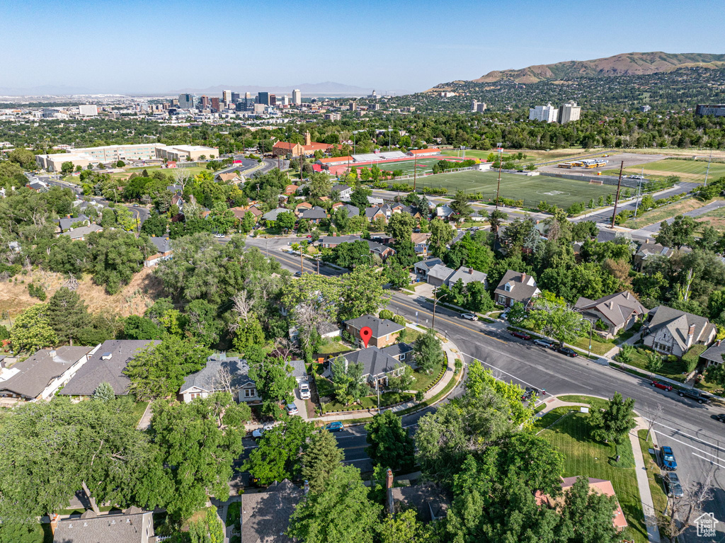 Drone / aerial view featuring a mountain view