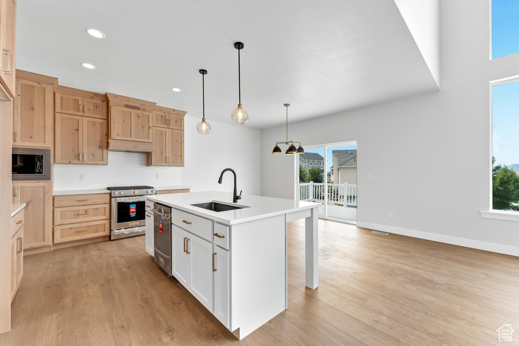 Kitchen featuring a center island with sink, light hardwood / wood-style flooring, pendant lighting, appliances with stainless steel finishes, and sink