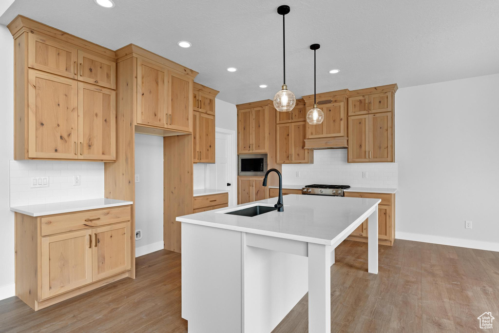 Kitchen with light wood-type flooring, pendant lighting, a center island with sink, and sink