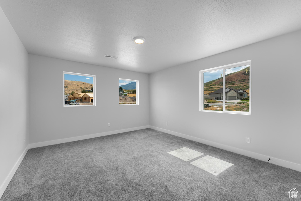 Carpeted empty room featuring a textured ceiling