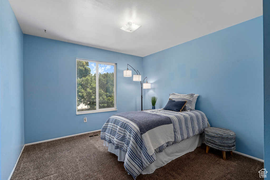 Bedroom with dark carpet