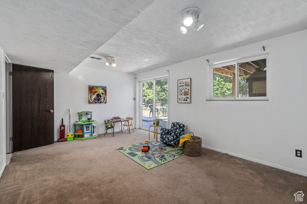 Playroom featuring carpet and a textured ceiling