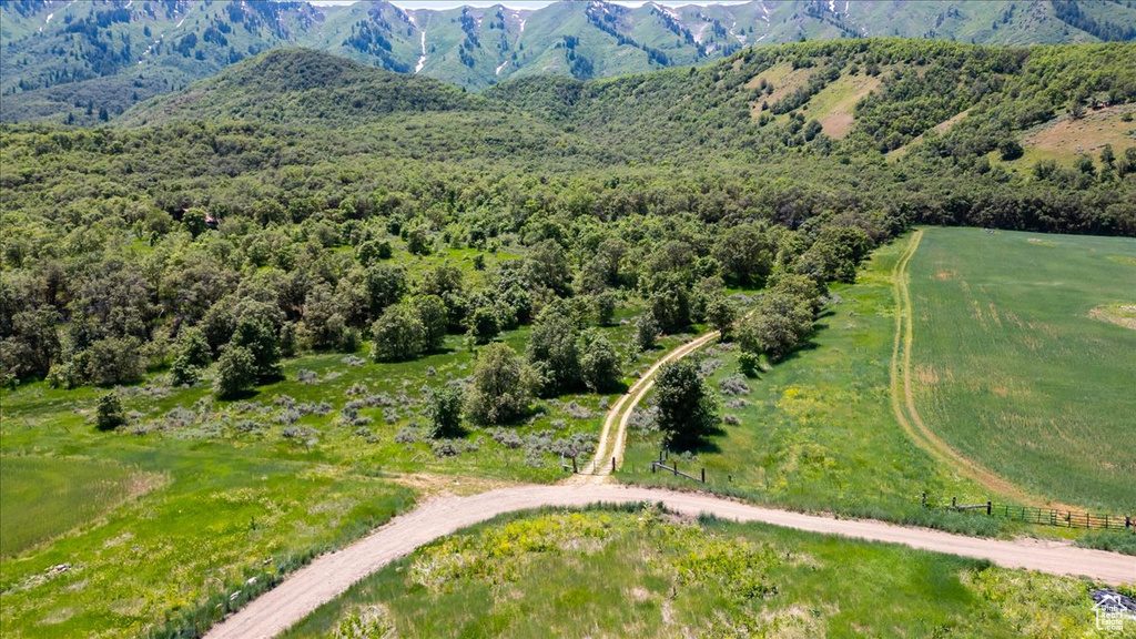 Drone / aerial view with a mountain view and a rural view