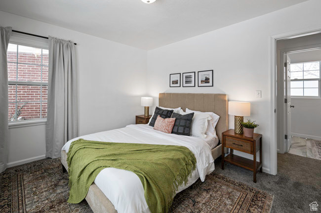 Carpeted bedroom with multiple windows