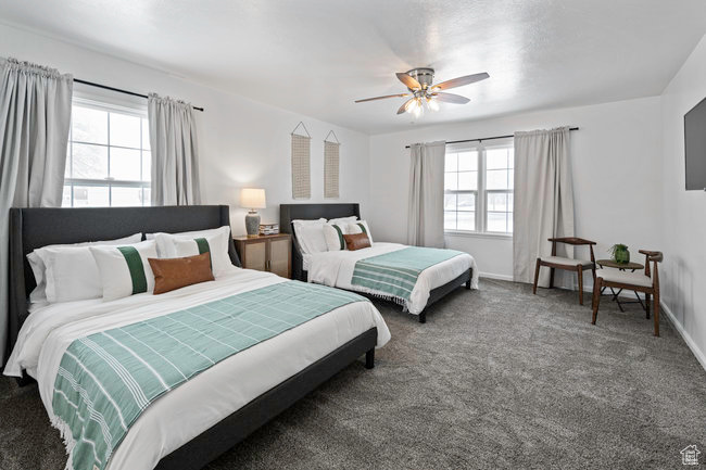 Carpeted bedroom with ceiling fan